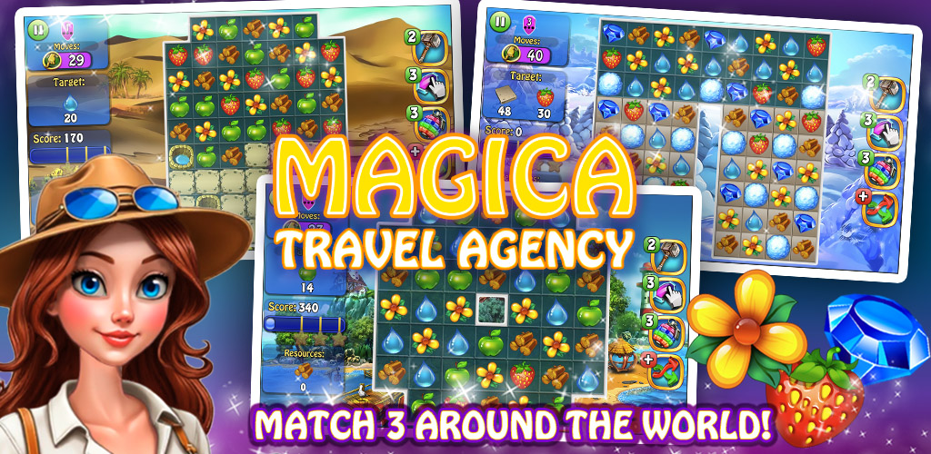 Magica Travel Agency — Match 3 Around The World. Hero illustration of a traveler woman in a sun hat with match-3 puzzle boards over Japanese and Egyptian scenery.