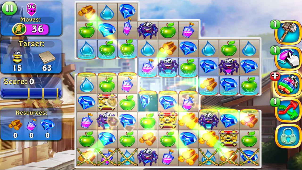 Magica Travel Agency on a tablet — wide match-3 board in a Japanese temple level with blue gems and fruit tiles