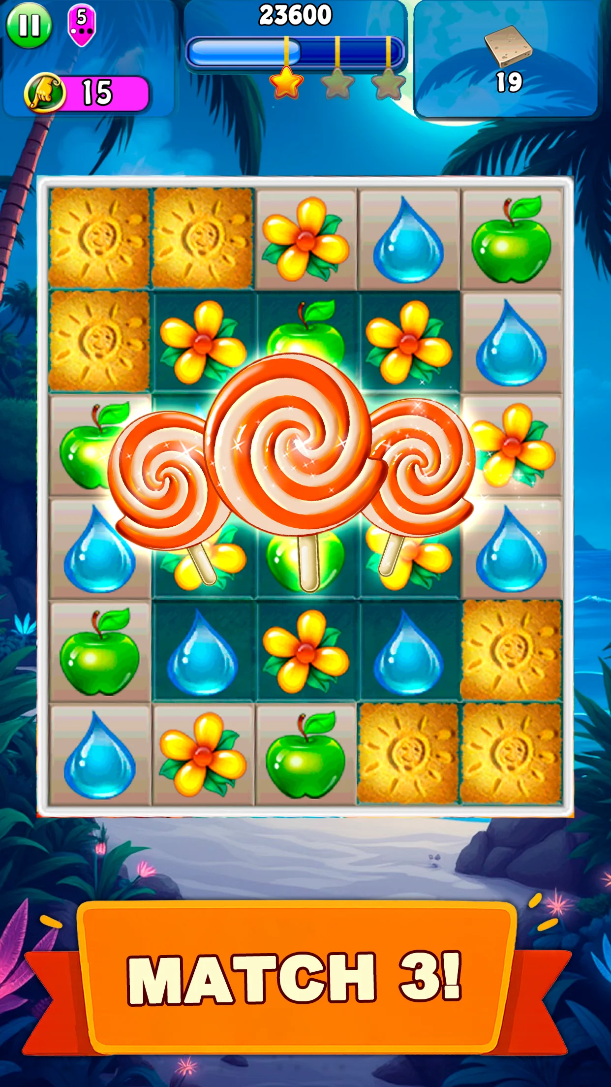 Magica Travel Agency gameplay — match-3 puzzle board with colorful fruit and candy tiles on a tropical beach background