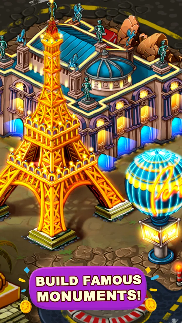 Rebuilt Eiffel Tower monument glowing gold at night in Paris level