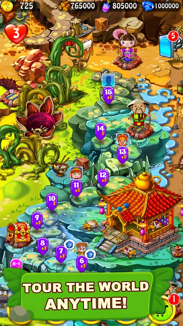 Level-select world map with Chinese pavilion and carnival characters