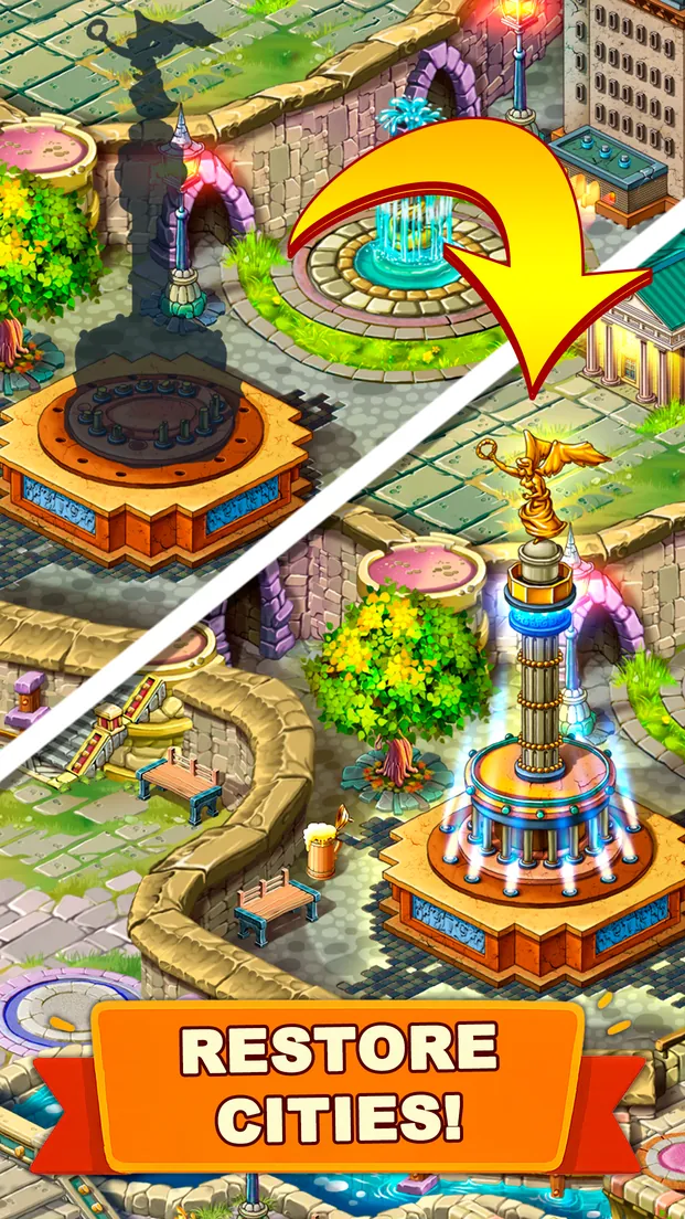 Before and after view of restoring a city fountain and monument